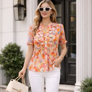 Tradition Pleated Floral Blouse size 12 |Ruffle Front | Vibrant Multicolour Prin